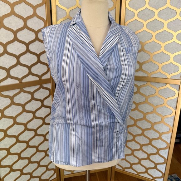 Nina Ricci Size S Blue & White Striped Criss Cross Sleeveless Wrap Blouse Top - Picture 3 of 16